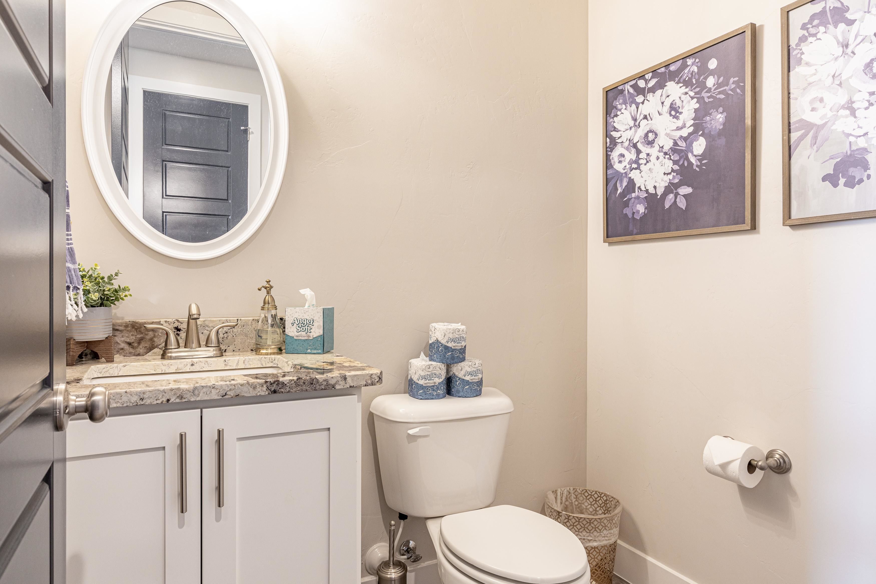 A bathroom with a toilet, sink, and mirror. There are framed floral pictures on the wall.