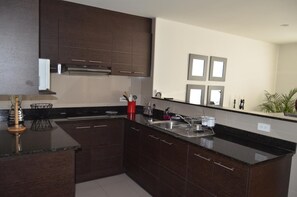 Fridge, microwave, dishwasher