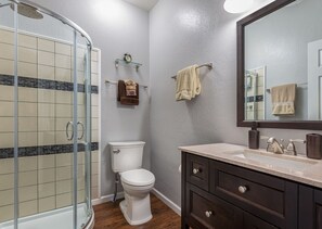 Bathroom features a glass-enclosed shower, toilet, and dark wood vanity with a large mirror.
