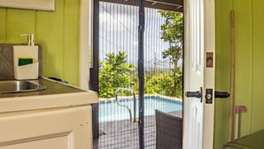 A bathroom with a sink, a bottle of hand soap, and a window with a view of a swimming pool and greenery.