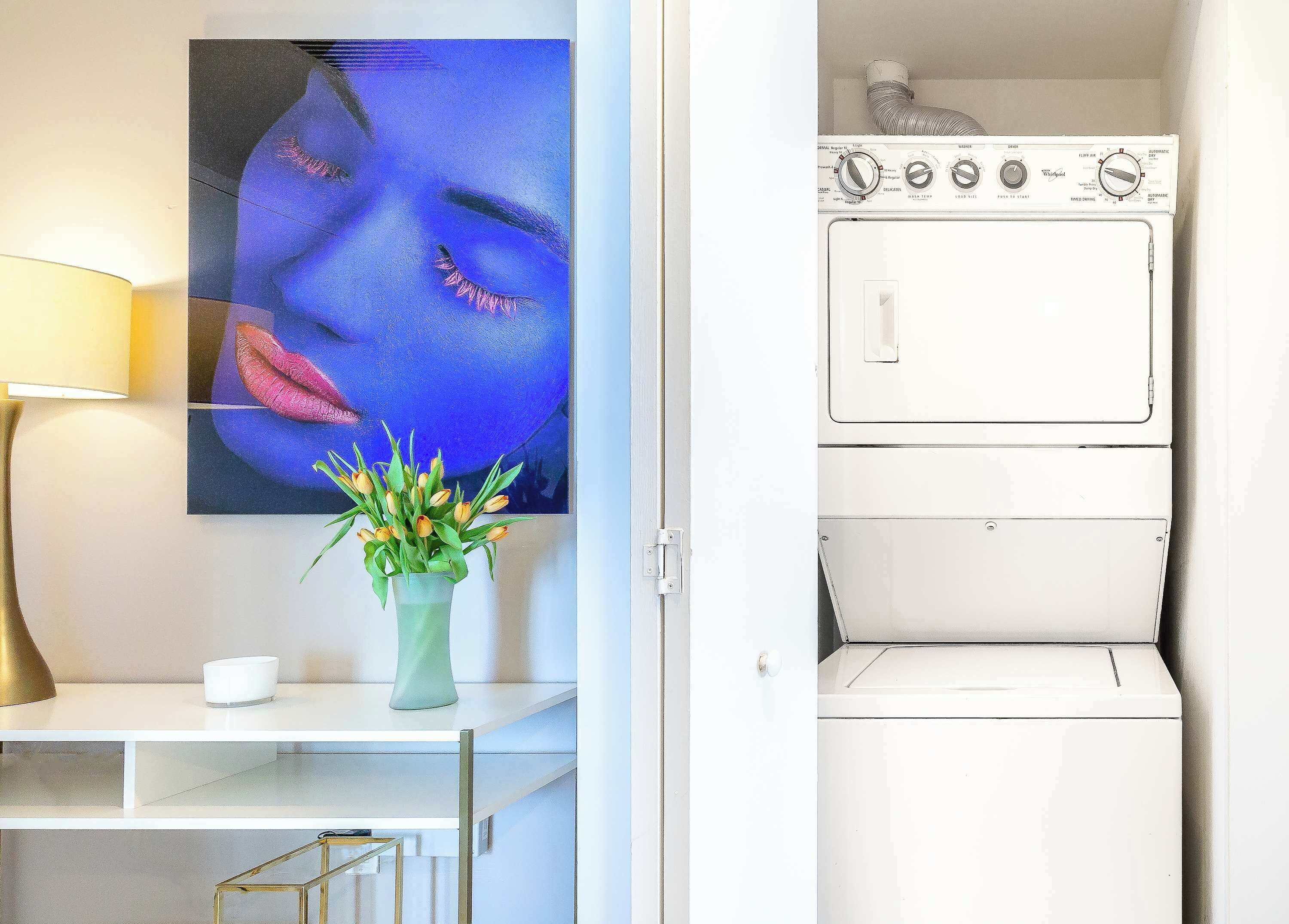 Una habitación con lavadora blanca, un florero con flores, un cuadro y una lámpara.