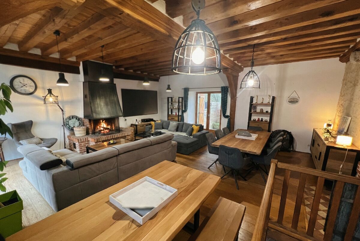 TV connectée, cheminée, lecteur de DVD, livres