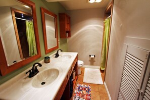 Shower, hair dryer, towels, toilet paper