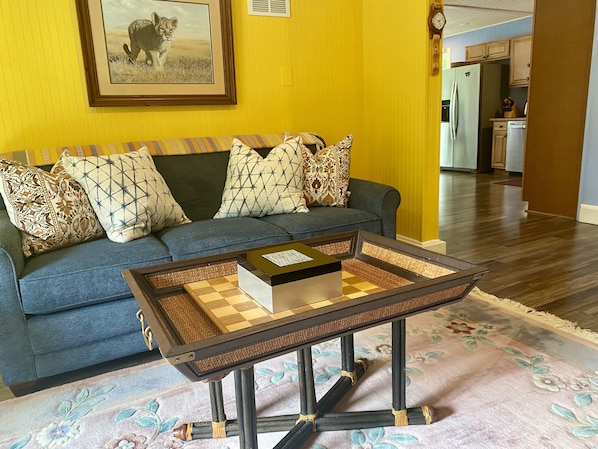 Smart TV, fireplace, books