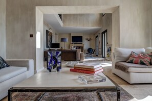 Télévision, cheminée, lecteur de DVD, livres