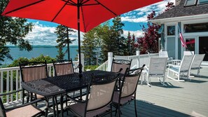Outdoor dining - Cape Rosier, Maine 6 bedroom estate on Penobscot Bay. West views over Camden the hills (Brooksville)