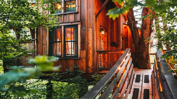 A wooden cabin with a wooden deck and a bench, surrounded by trees. - Emerald Forest Treehouse - From Treehouse Masters (Redmond)
