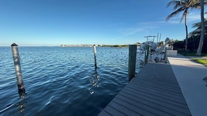 A wooden dock extending into calm blue water, a clear sky, and a distant shoreline with buildings.