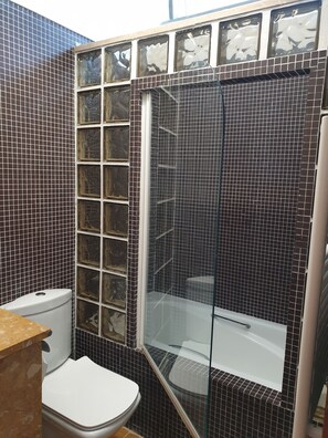 Combined shower/bathtub, jetted bath, hair dryer, bidet