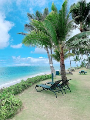 On the beach, sun-loungers, beach towels
