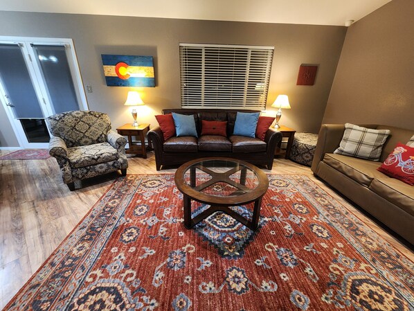 Smart TV, fireplace, DVD player, books