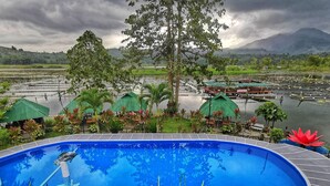 Ein Pool mit Blick auf einen tropischen Garten, umgeben von Gebäuden mit begrünten Dächern, und ein Gewässer im Hintergrund.