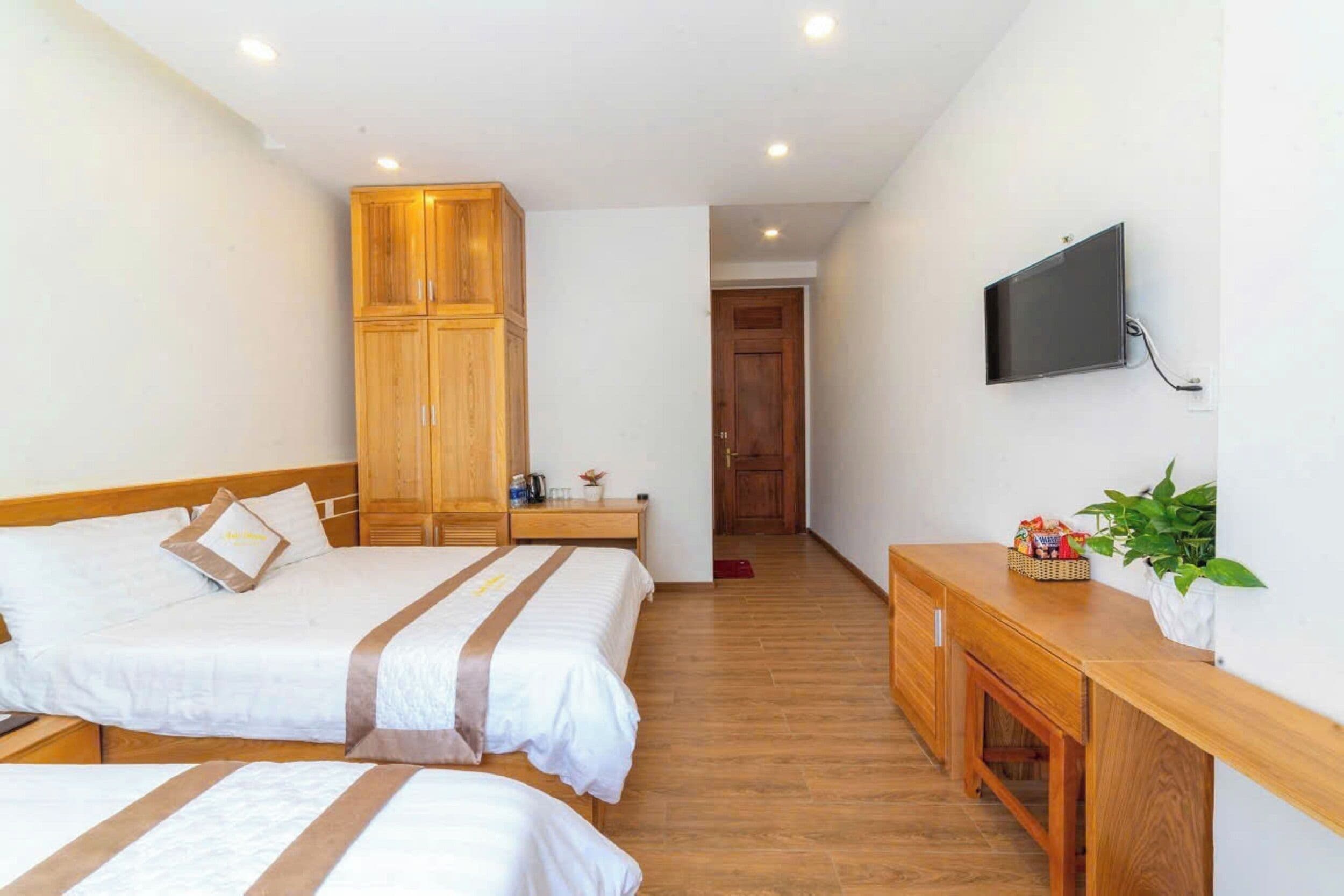 Habitación de hotel con dos camas, un armario de madera, un escritorio pequeño, un televisor y una planta en maceta.