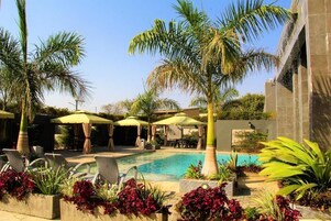 Un área de piscina con sillones de descanso, sombrillas y palmeras.