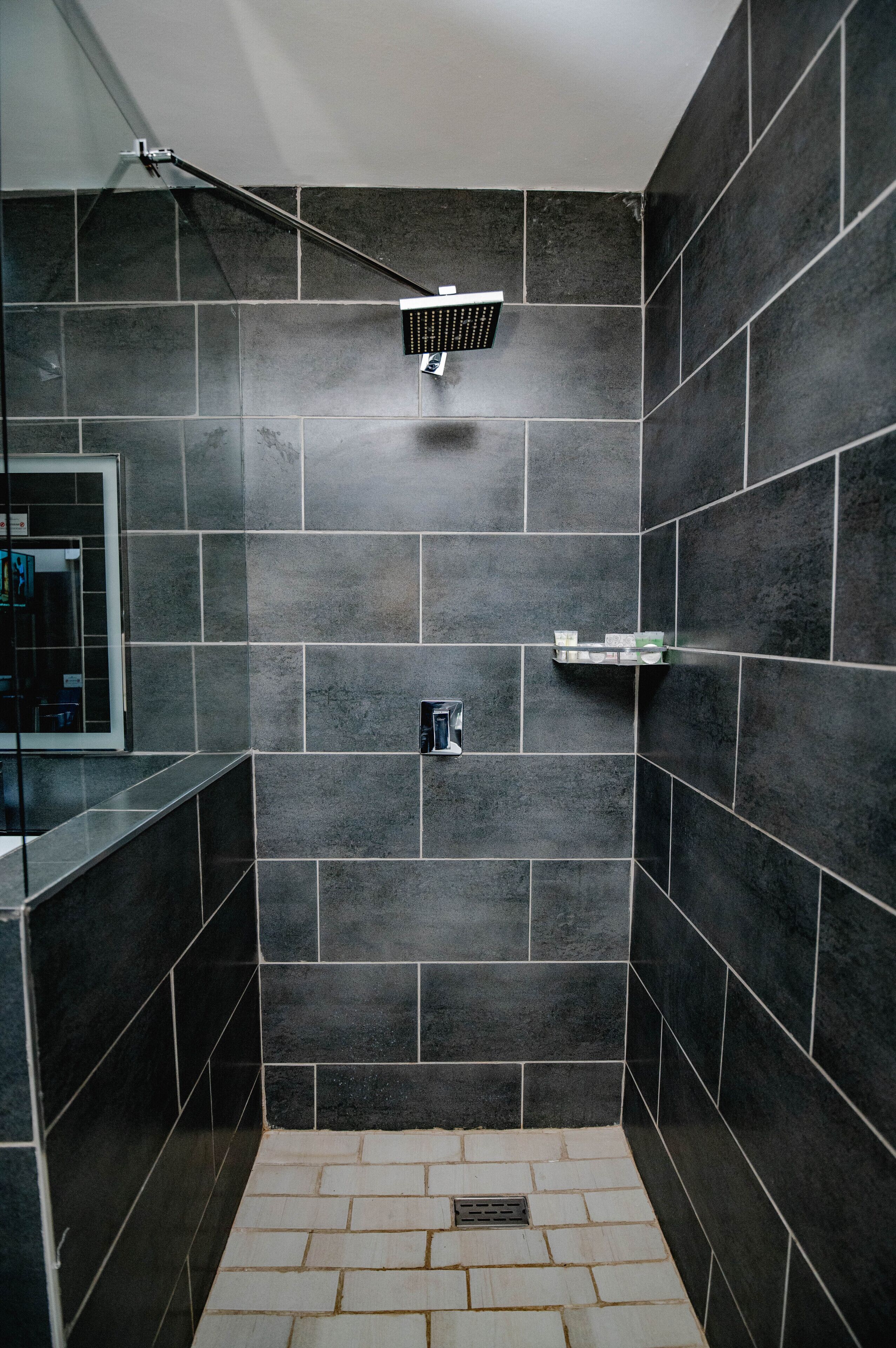 Separate bathtub and shower, rainfall showerhead, free toiletries