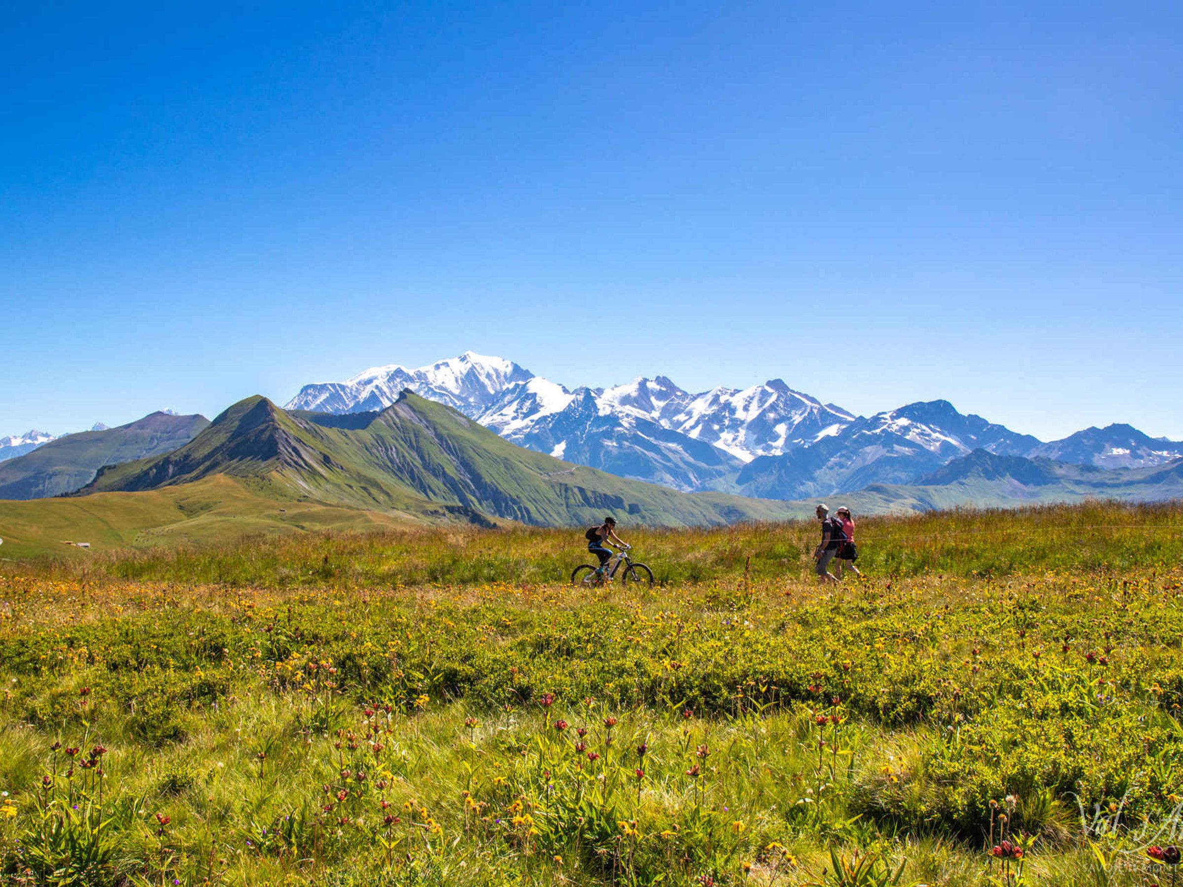 A mountainous landscape with cyclists in a field.
