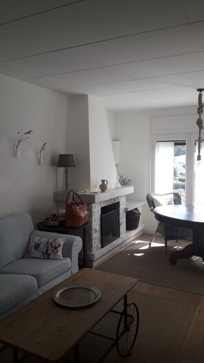 Televisie, een open haard en boeken