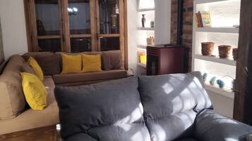 Smart TV, chimenea, libros