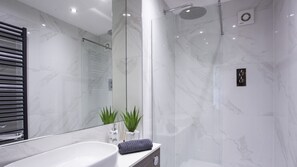 Shower, hair dryer, towels