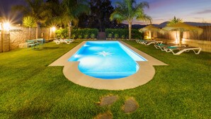 A rectangular swimming pool with a starfish design in the center, surrounded by a well-manicured lawn and palm trees.