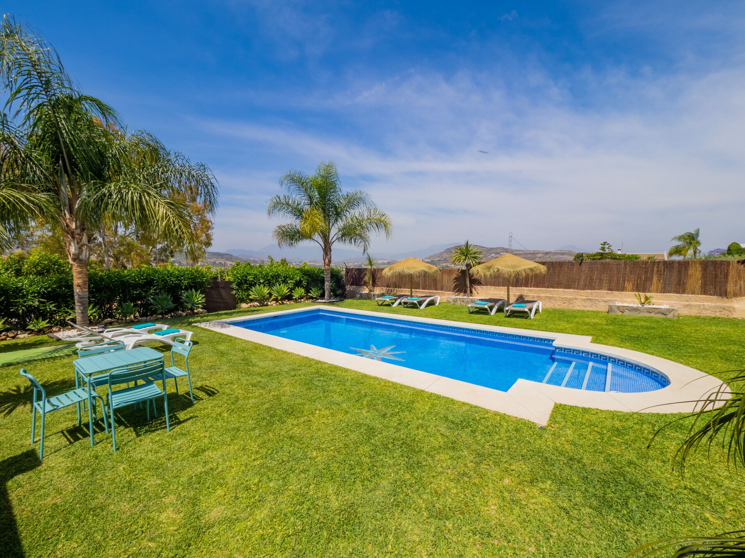 A rectangular swimming pool with a curved edge, surrounded by a well-maintained lawn and palm trees.