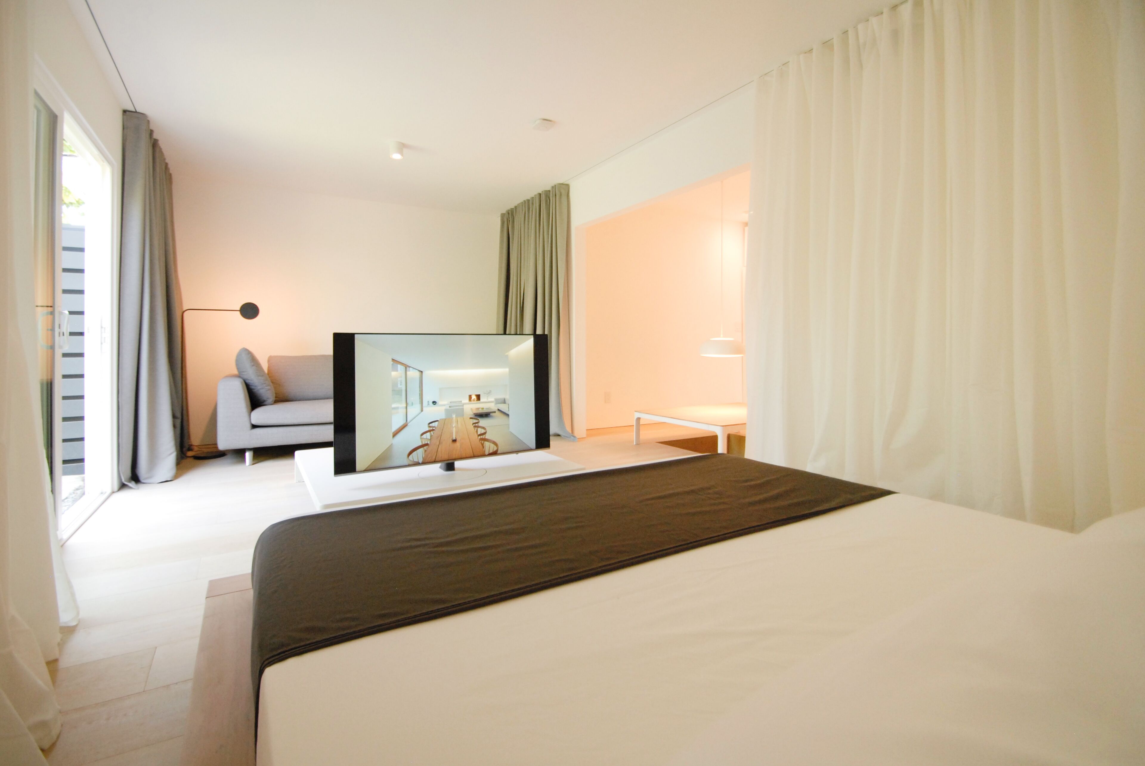 high end minimalist studio with Japanese accents and garden