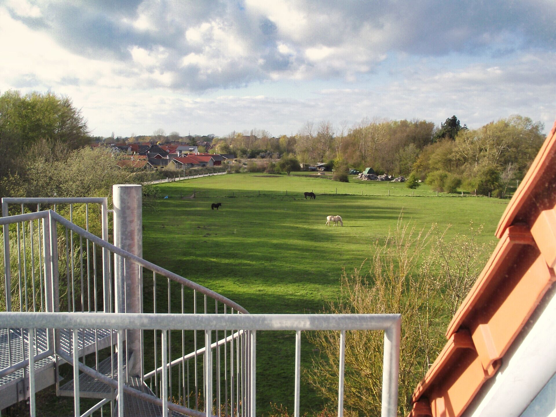 A rural landscape with a fenced field, a metal staircase, and a distant village.