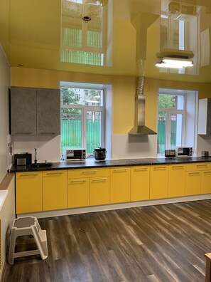 Full-sized fridge, microwave, stovetop, toaster