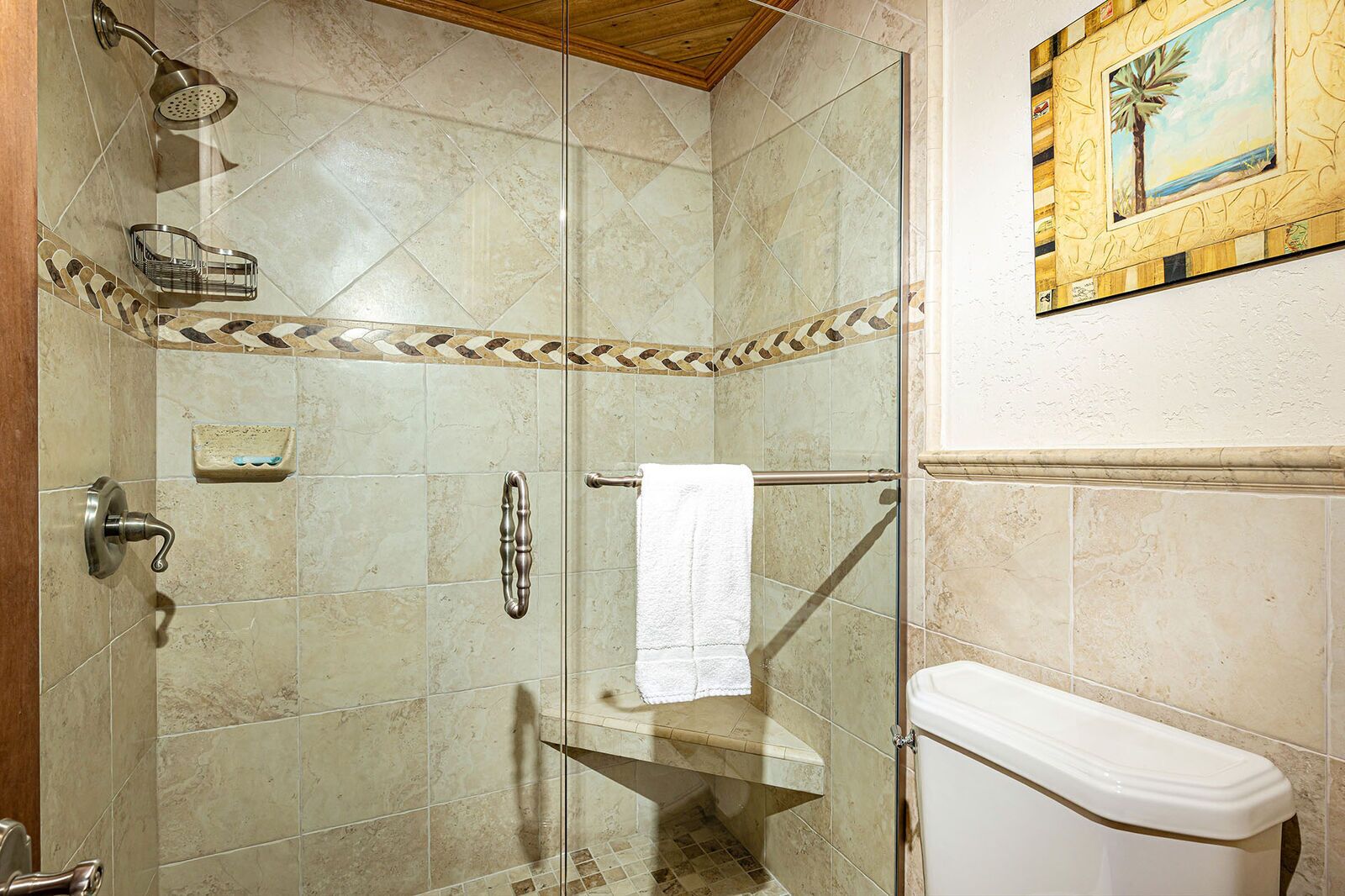 Eine Dusche mit Glastür, Handtuchhalter und Seifenschale.