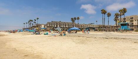 Une plage avec de nombreux parasols et des chaises de plage, des palmiers et, au fond, un bâtiment doté de balcons.