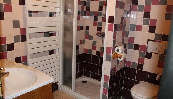 Bathtub, bidet, towels, toilet paper