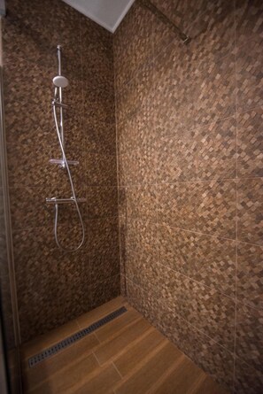 Shower, rainfall showerhead, free toiletries, hair dryer