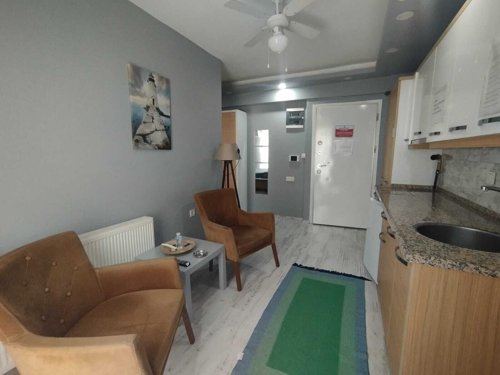 A compact living space with a kitchenette, a dining area with two chairs, a radiator, and a ceiling fan.