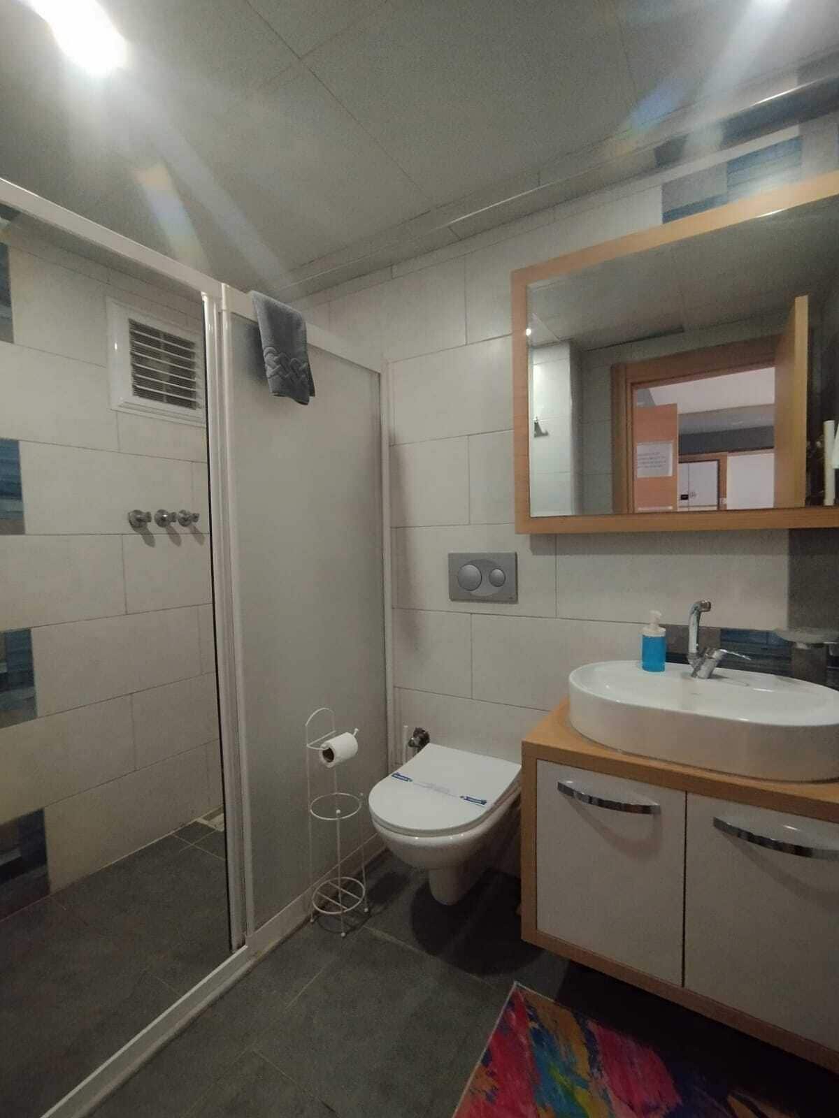 Un baño con cabina de ducha de vidrio, inodoro, lavabo con espejo sobre él y una alfombra colorida en el suelo.