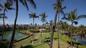 Un resort con palmeras, un estanque y un edificio con una piscina reflectante al fondo.