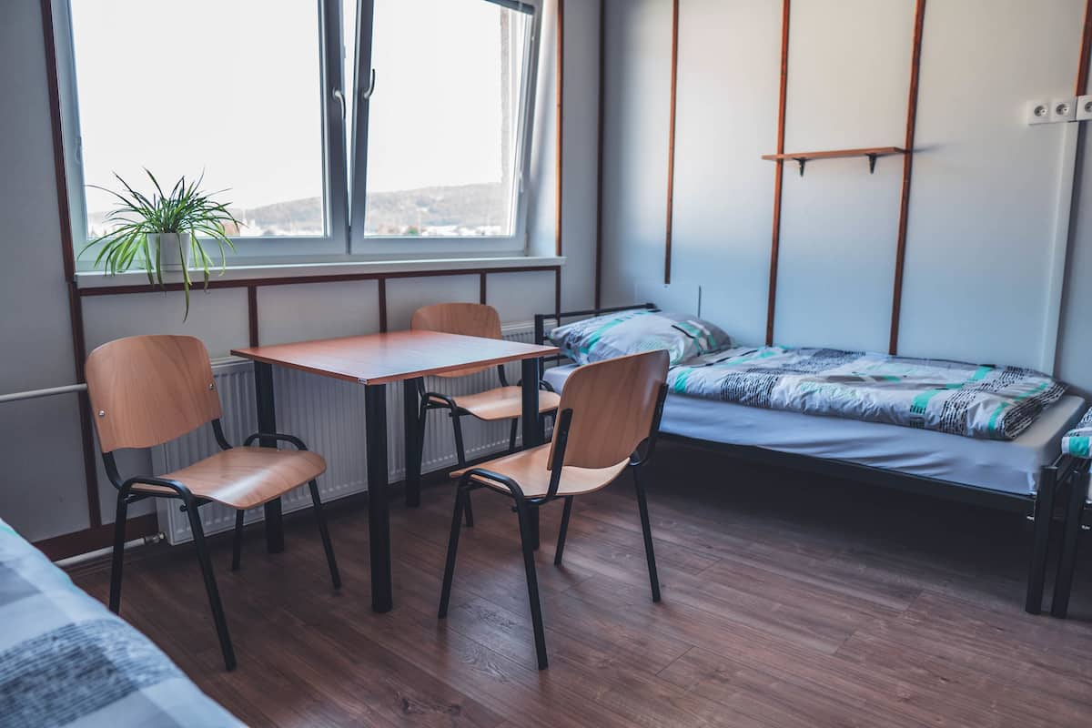 A room with a wooden floor, a bed with a patterned blanket, a desk with two chairs, a window with a plant, and a radiator.