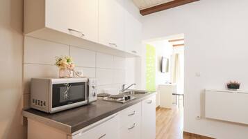 Fridge, microwave, stovetop, coffee/tea maker