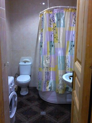 Combined shower/tub, hair dryer, soap, shampoo