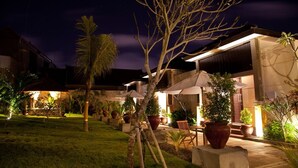 Un espace extérieur bien éclairé, aménagé avec une table à manger, des plantes en pot et un ciel nocturne dégagé.