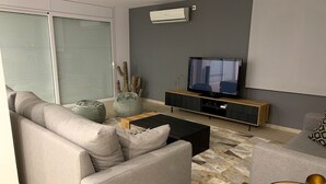 A modern living room with a grey sofa, a coffee table, a TV on a wooden stand, and a patterned rug. - Beautiful villa on wide canal with 15m mooring and pool! (Empuriabrava)