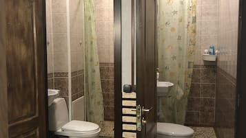 Hair dryer, towels, shampoo, toilet paper