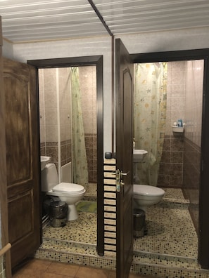 Hair dryer, towels, shampoo, toilet paper