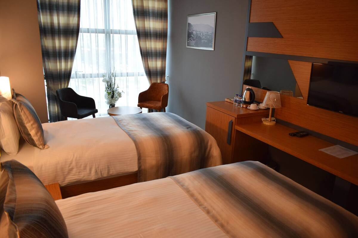 A hotel room with two beds, a desk, a chair, a television, and a window with curtains.