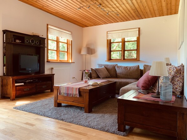 A cozy living room with wooden furniture, a television, and large windows.