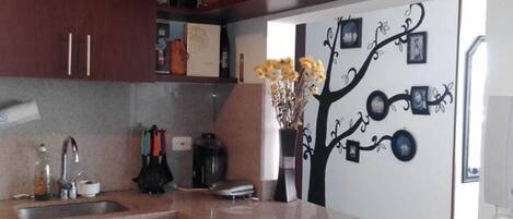 Fridge, microwave, oven, cookware/dishes/utensils