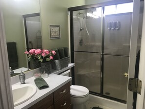 Combined shower/tub, hair dryer, towels, soap