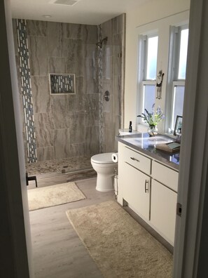 A modern bathroom with a shower, toilet, and vanity.