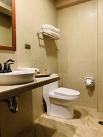 Un baño con lavamanos, espejo, inodoro y toallero.