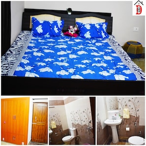 Cozy retreat with a comfortable bed, decorative accents, and a bathroom with a toilet, sink, and stylish tiles.