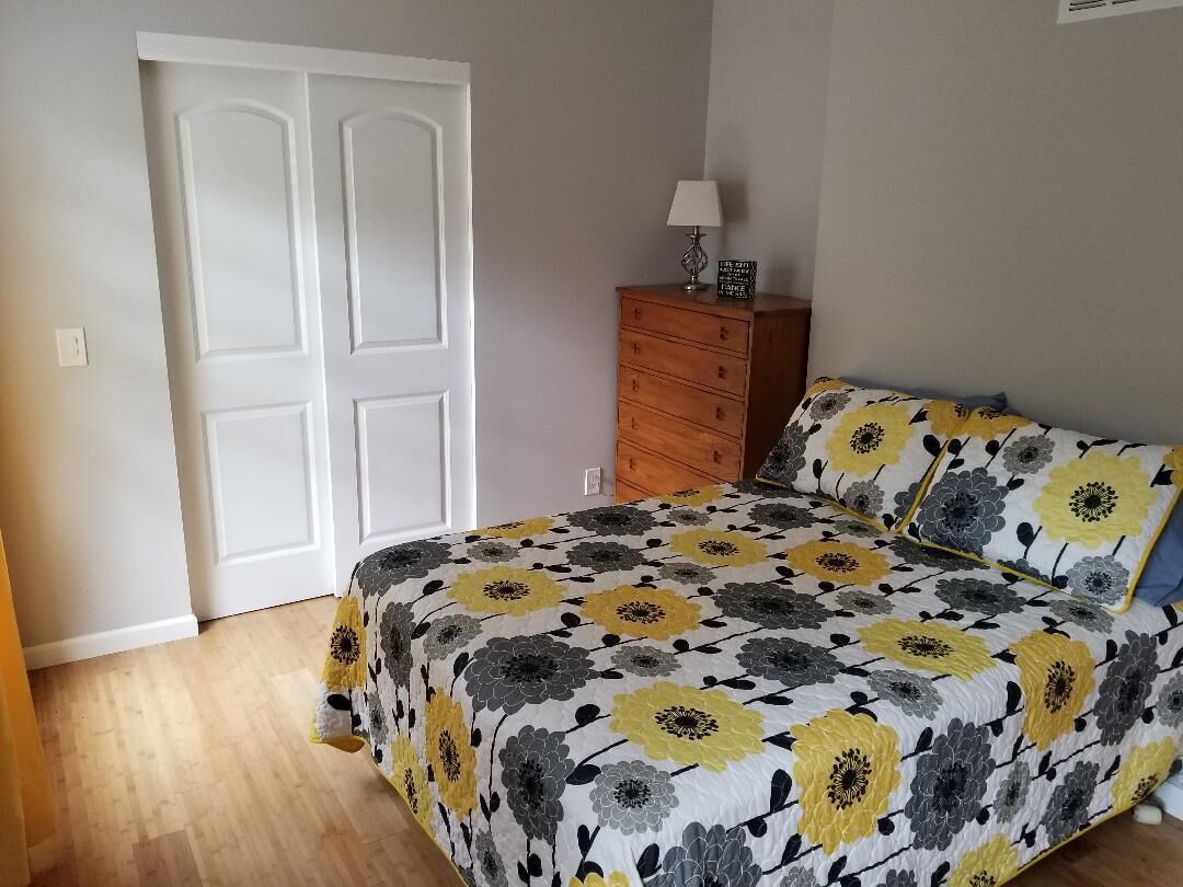 A bedroom with a bed, a dresser, and a door.